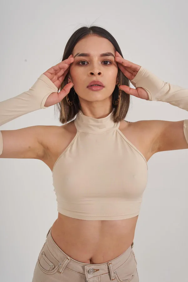 Crop Style Pretty Blouse with Sleeve Detail, Beige