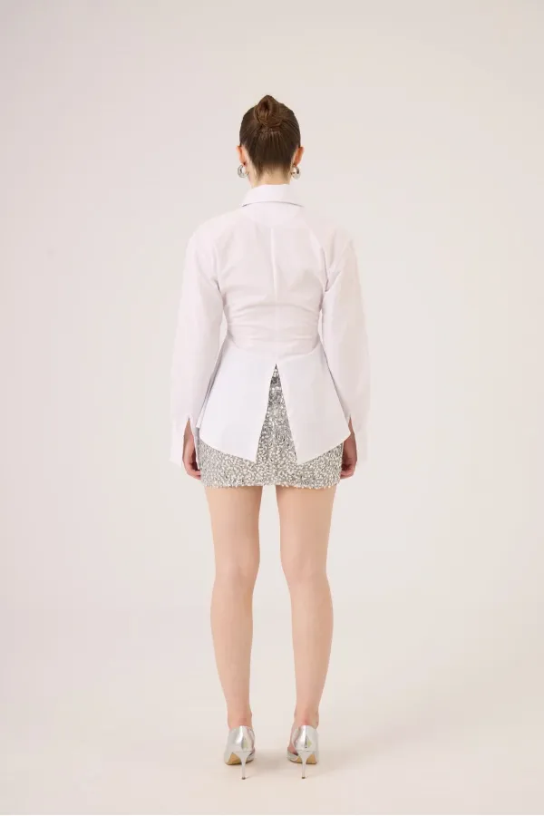Paula Shirt in White, Fitted Cut with Waistband