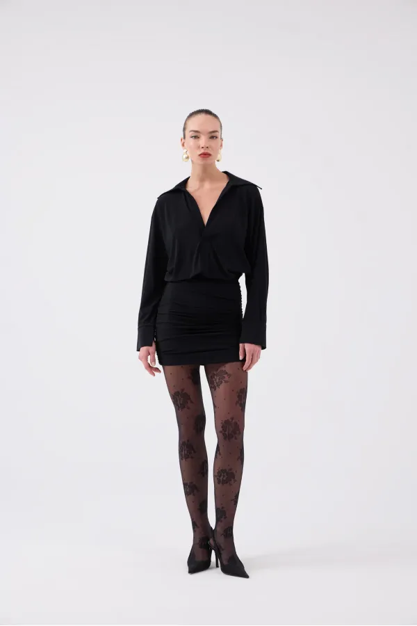 Jaida Dress with Gathered Hem and Shirt Collar, Black