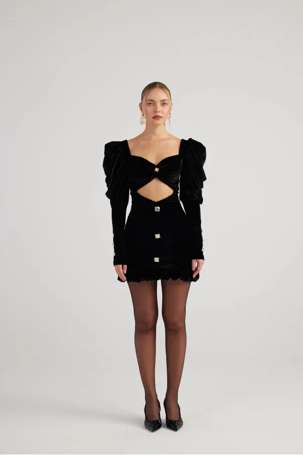 Robe courte Raquel en velours noir à manches pastèque