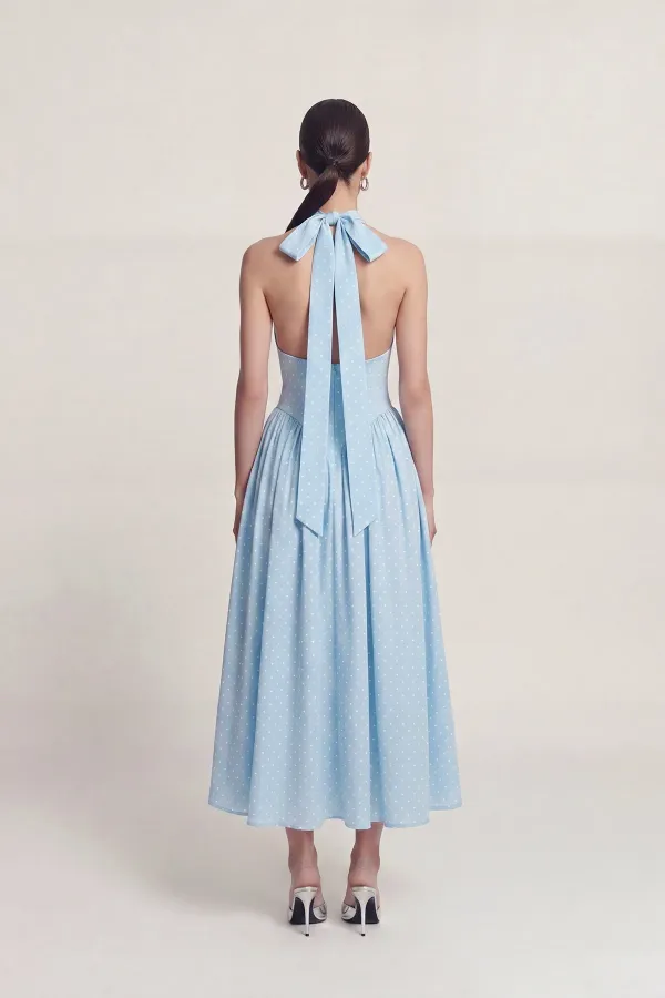 Robe Zayla à pois, dos nu et poches, bleue