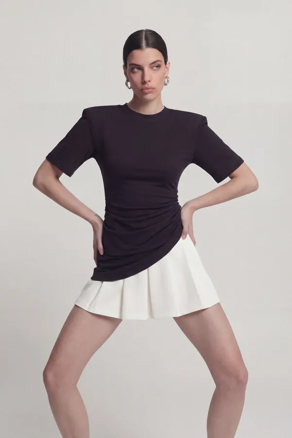 Demie T-shirt with Gathered Detail and Padded Shoulders, Black Demie T-shirt with Gathered Detail and Padded Shoulders, Black