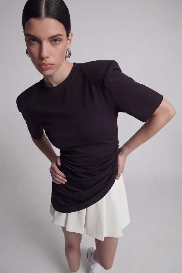 Demie T-shirt with Gathered Detail and Padded Shoulders, Black Demie T-shirt with Gathered Detail and Padded Shoulders, Black