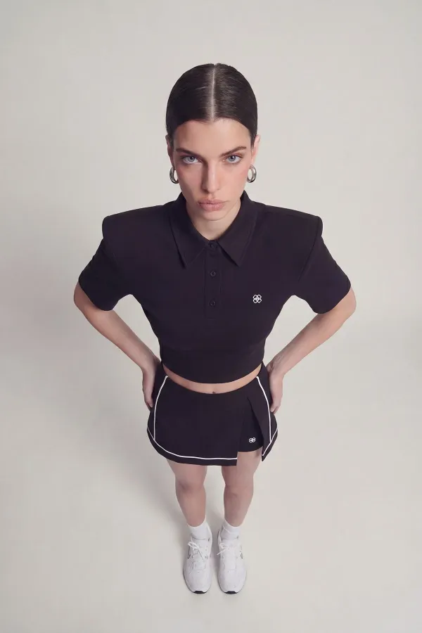 Vatkalı Polo Yaka Carolyn T-Shirt Siyah Vatkalı Polo Yaka Carolyn T-Shirt Siyah