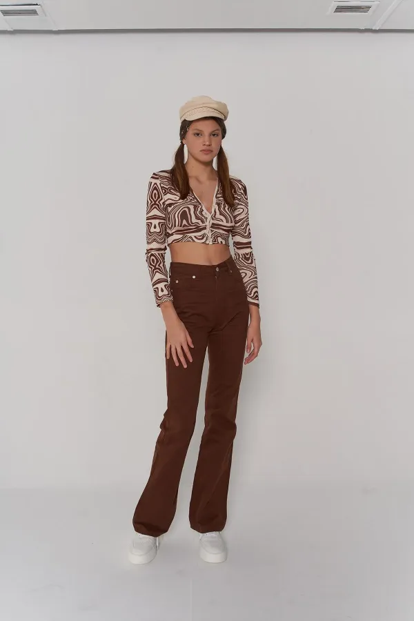 Crop Style Button-Closure Long-Sleeve Lufo Blouse Brown