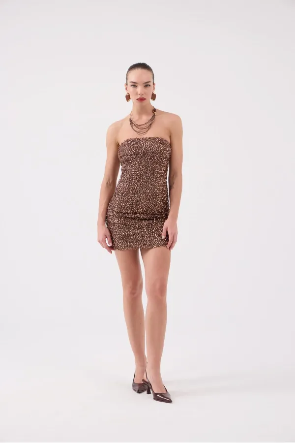 Sequin Strapless Mini Genesis Dress in Brown