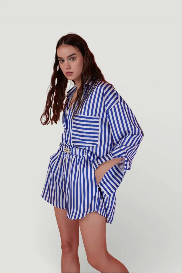Yumuşak Dokulu Çizgili Saten Mini Mellow Şort Lacivert