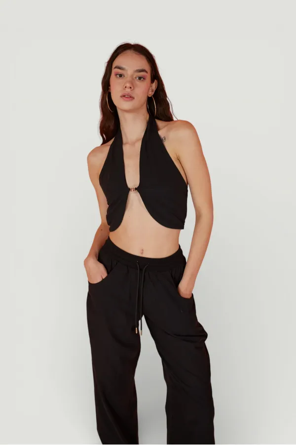 Cotton Fabric Belted Loose Fit Rise Trousers Black