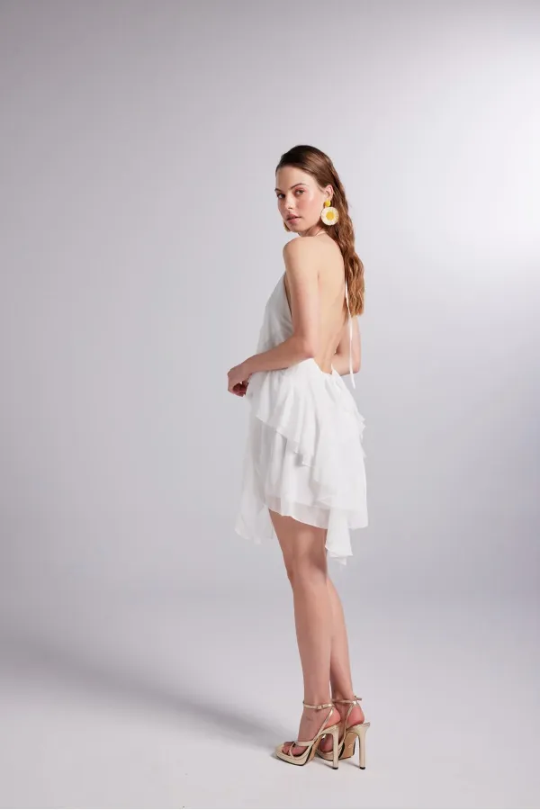 White Chiffon Capri Dress with Ruffle Detail and Waistline
