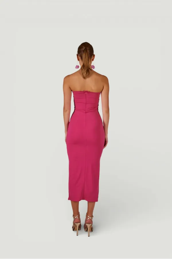 Slit Strapless Midi Bodycon Dress Pink