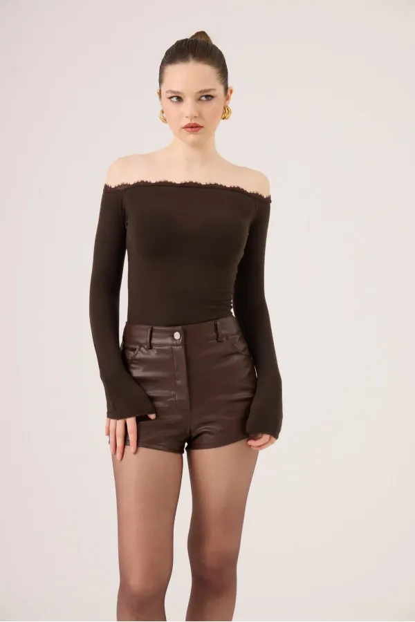 Madonna Neckline Lace Macy Cashmere Blouse, Brown