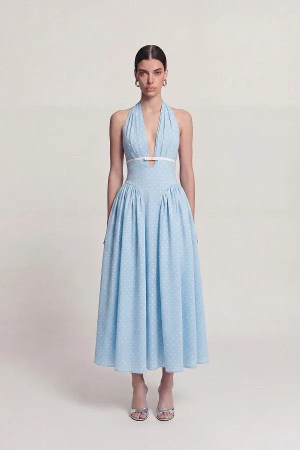Robe Zayla à pois, dos nu et poches, bleue