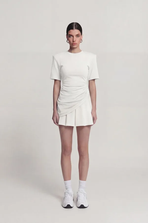 Demie T-shirt with Gathered Detail and Padded Shoulders, White Demie T-shirt with Gathered Detail and Padded Shoulders, White