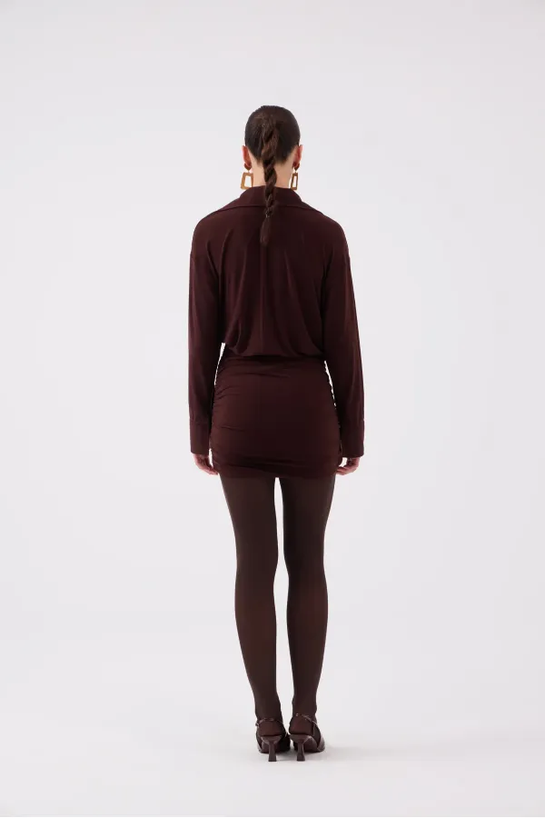 Jaida Shirt Collar Dress with Gathered Hem in Brown