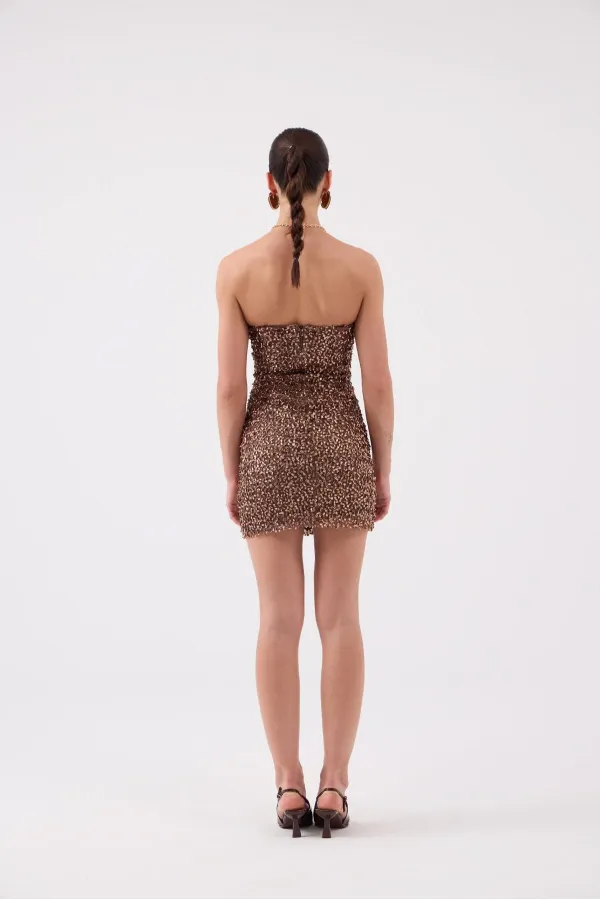 Sequin Strapless Mini Genesis Dress in Brown