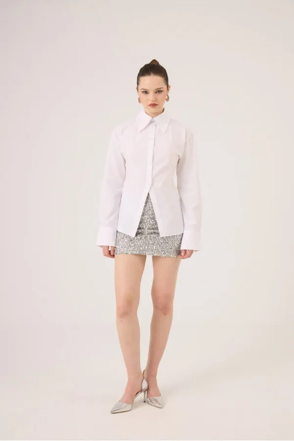 Paula Shirt in White, Fitted Cut with Waistband