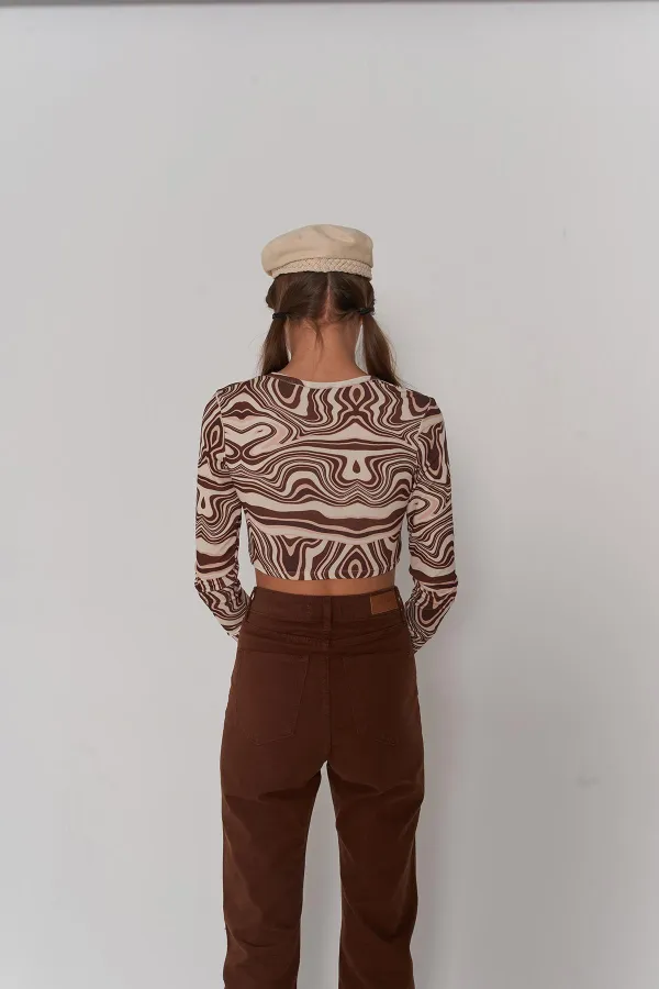 Crop Style Button-Closure Long-Sleeve Lufo Blouse Brown