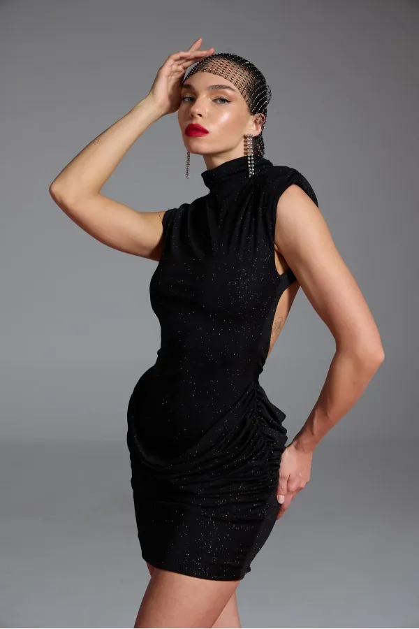 Backless Glittery Mini Judy Dress, Black