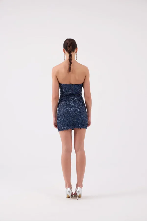 Robe mini Genesis sans bretelles à sequins bleu marine