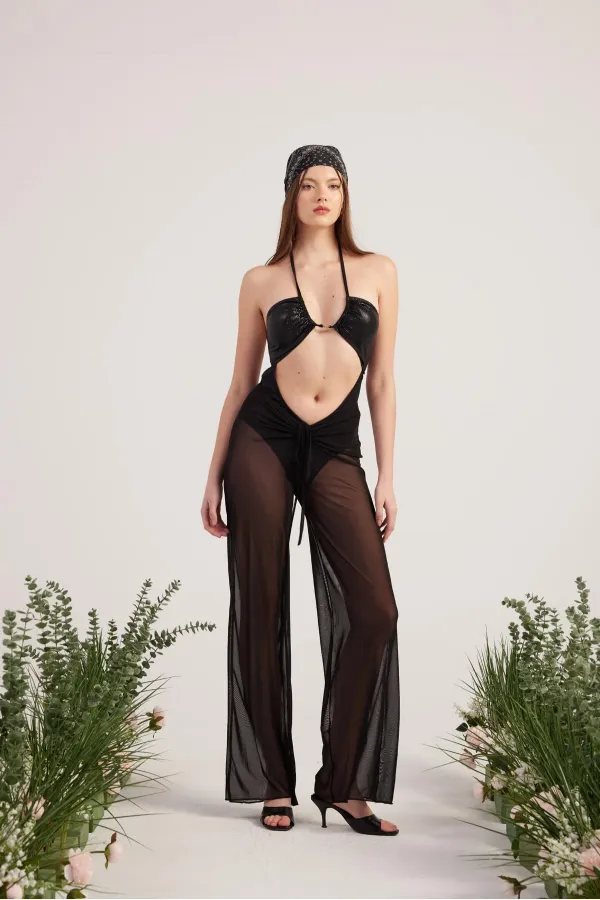 Shirred Pareo Pantolon Siyah