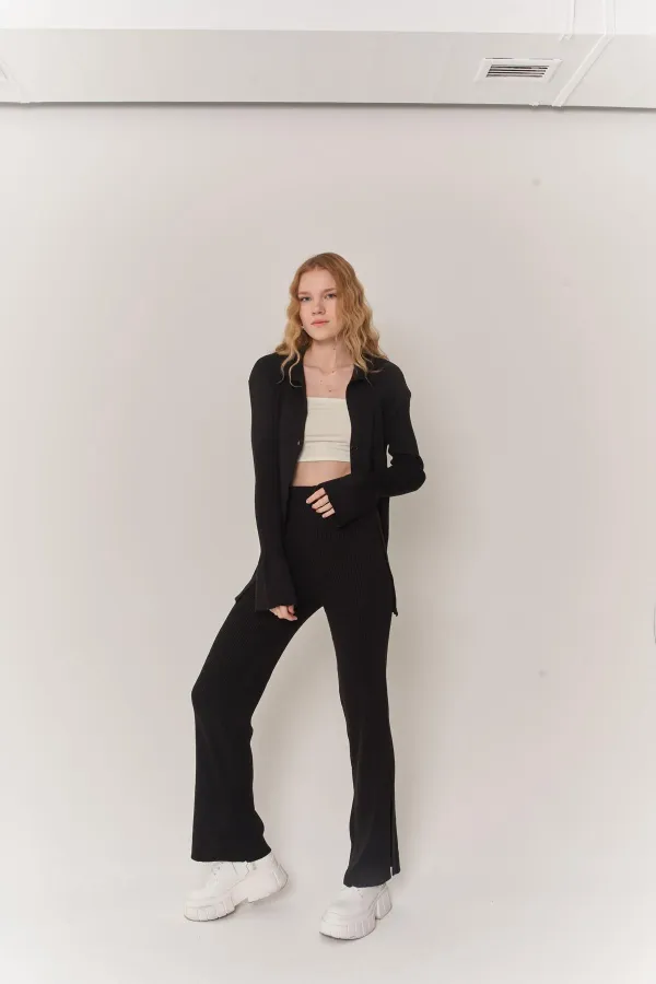 Women's Black Button-Down Oversize Loose Knit Cardigan and Pants Yordle Set