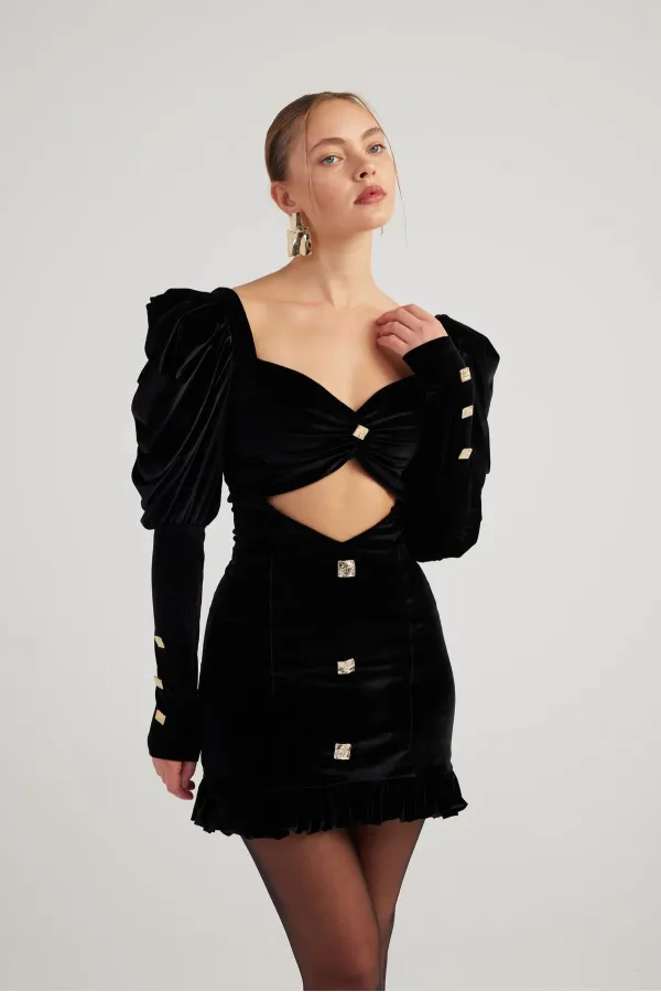 Robe courte Raquel en velours noir à manches pastèque