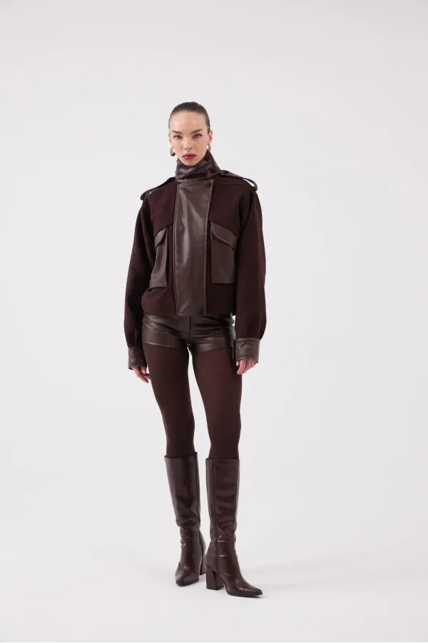 Lina Suede Jacket with Stand-Up Collar and Leather Details, Brown