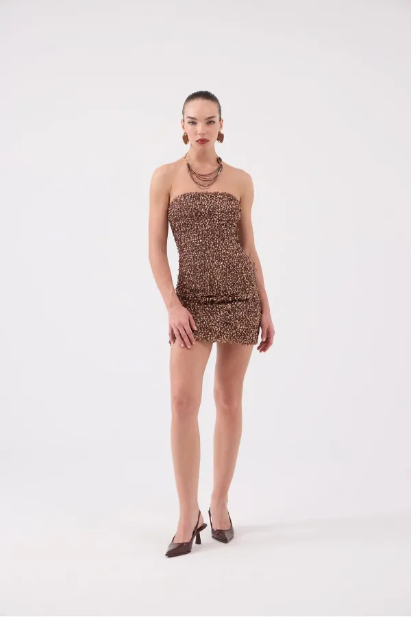 Sequin Strapless Mini Genesis Dress in Brown
