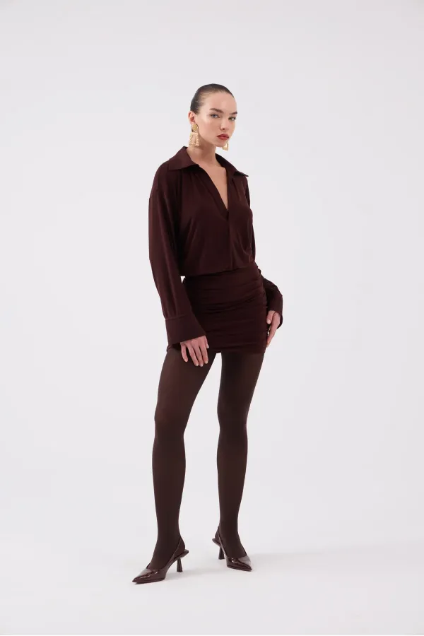 Jaida Shirt Collar Dress with Gathered Hem in Brown