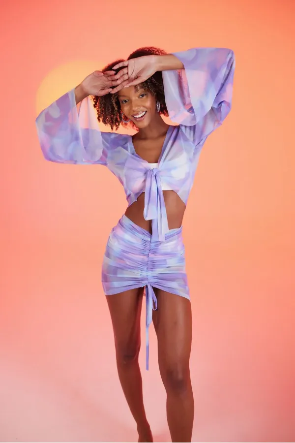 Bonita Pareo Set with Gathered Skirt and Patterned Tulle, Lilac