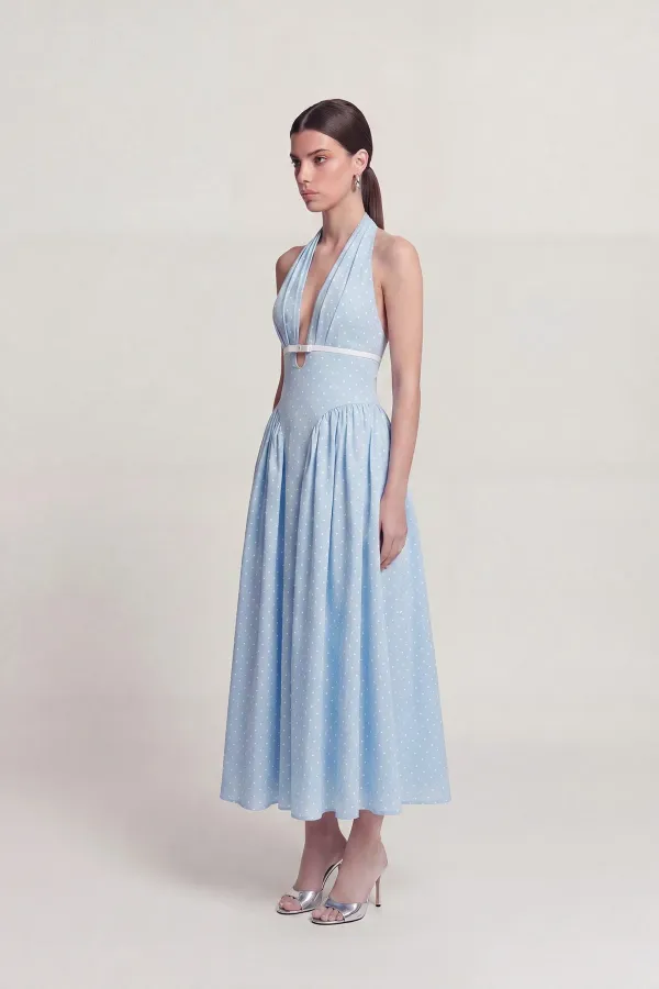 Robe Zayla à pois, dos nu et poches, bleue