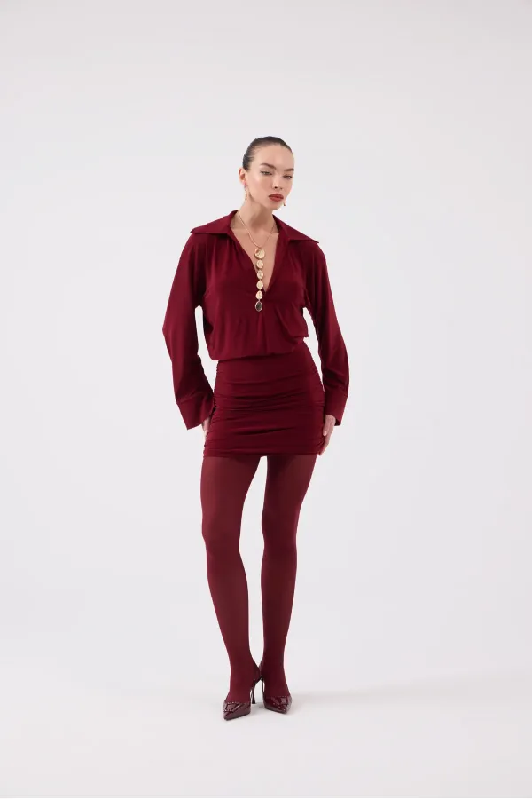 Jaida Dress with Gathered Hem and Shirt Collar, Burgundy