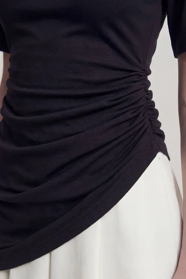 Demie T-shirt with Gathered Detail and Padded Shoulders, Black Demie T-shirt with Gathered Detail and Padded Shoulders, Black