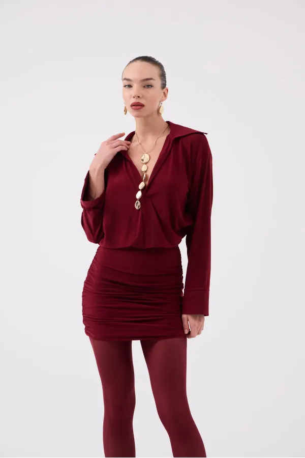 Jaida Dress with Gathered Hem and Shirt Collar, Burgundy