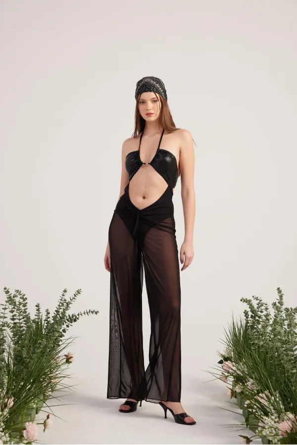 Shirred Pareo Pantolon Siyah