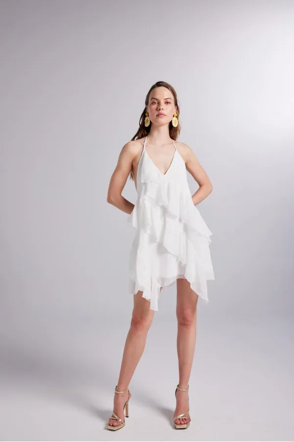 White Chiffon Capri Dress with Ruffle Detail and Waistline