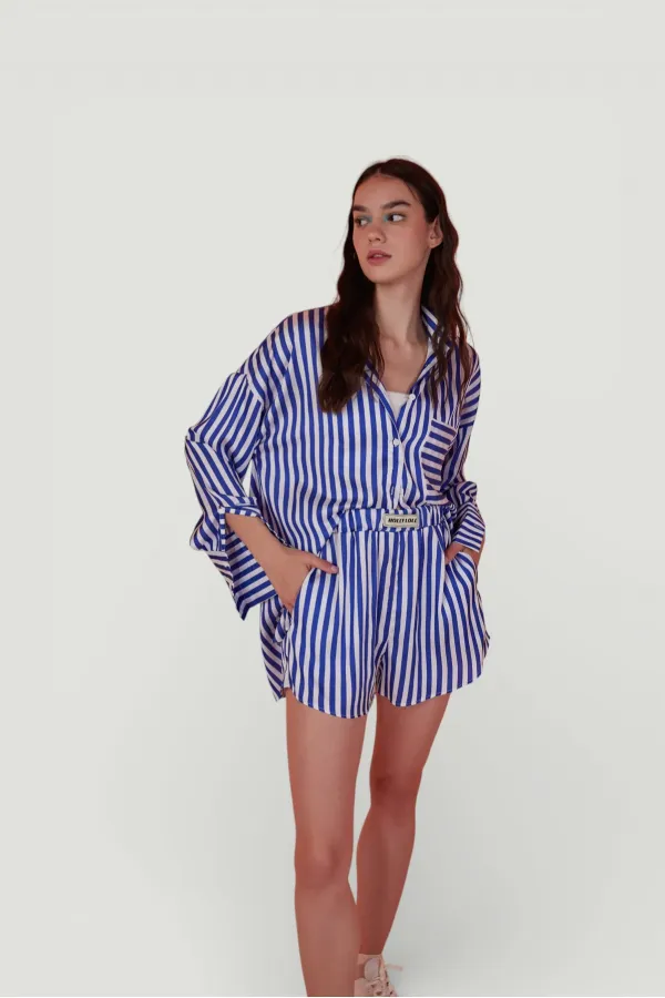 Yumuşak Dokulu Çizgili Saten Mini Mellow Şort Lacivert