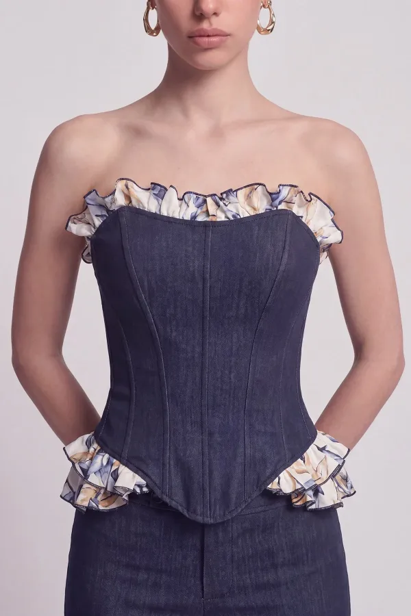 Venus Bustier with Ruffle Detail and Jean-Look Design, Navy Blue Venus Bustier with Ruffle Detail and Jean-Look Design, Navy Blue