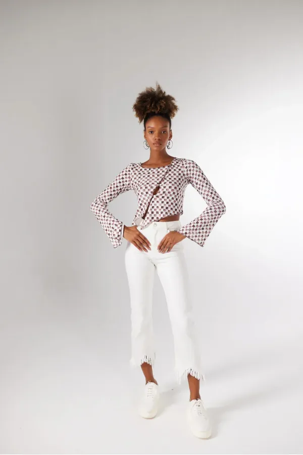 Kadın Kahverengi Damalı Düğme Kapamalı Pierre Bluz