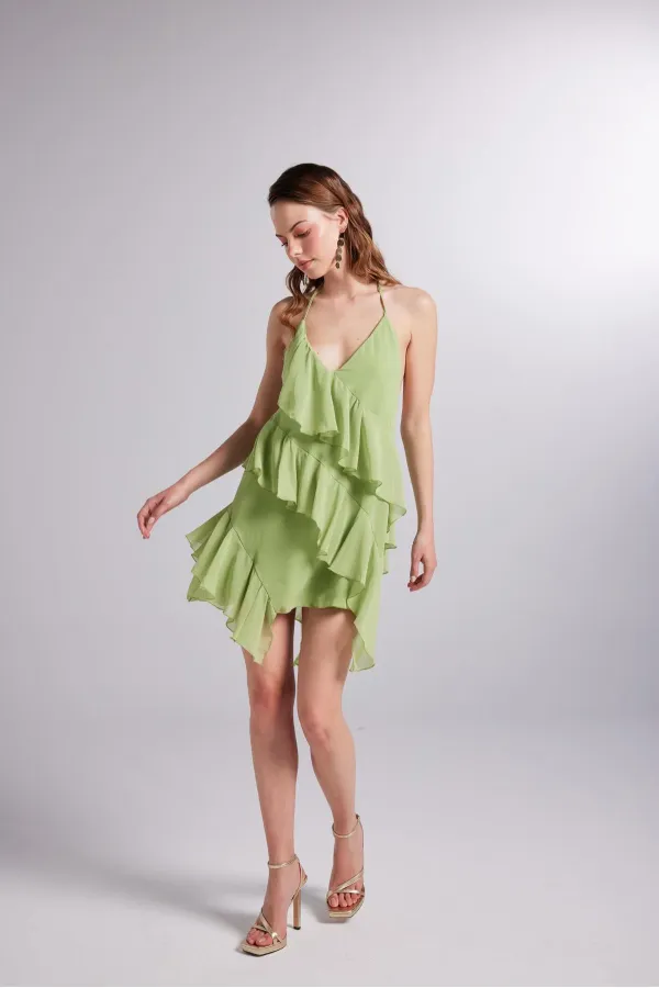 Fırfır Detaylı Bel Dekolteli Şifon Capri Elbise Yeşil