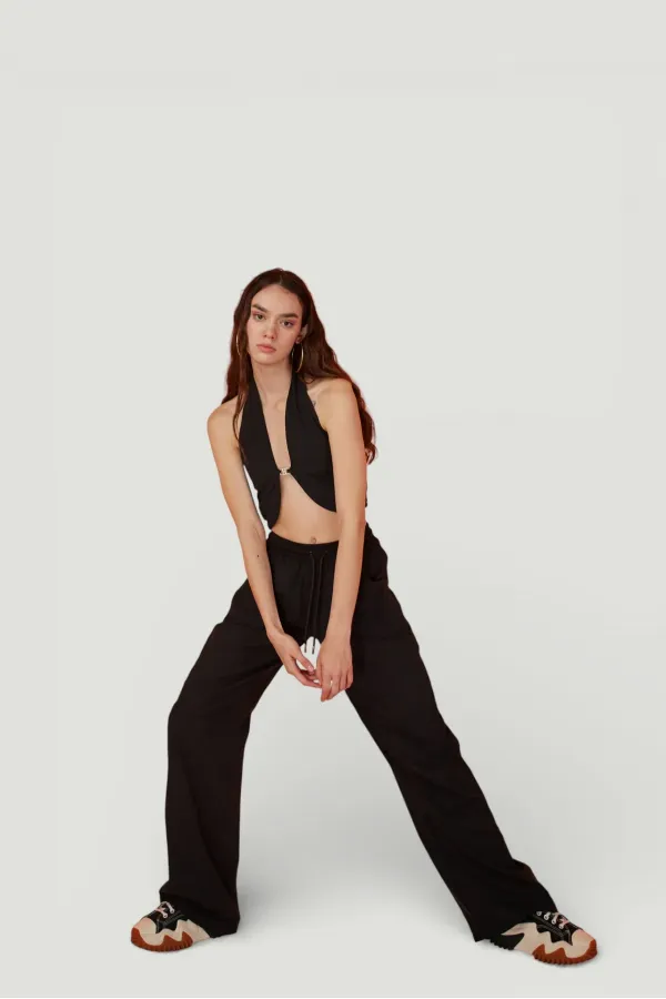 Cotton Fabric Belted Loose Fit Rise Trousers Black