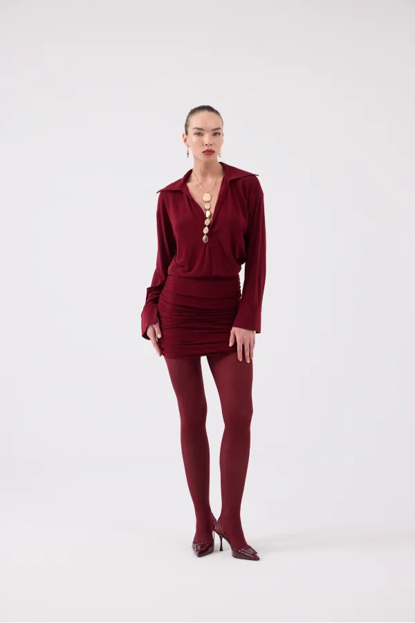 Jaida Dress with Gathered Hem and Shirt Collar, Burgundy