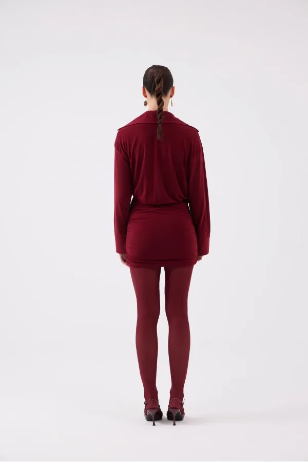 Jaida Dress with Gathered Hem and Shirt Collar, Burgundy