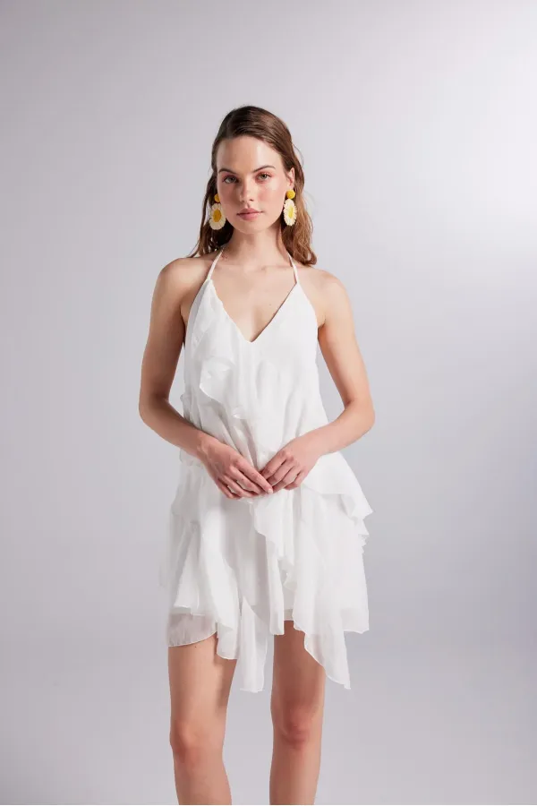White Chiffon Capri Dress with Ruffle Detail and Waistline