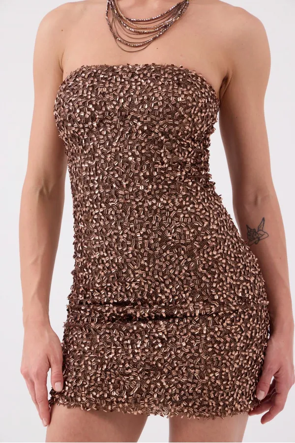 Sequin Strapless Mini Genesis Dress in Brown