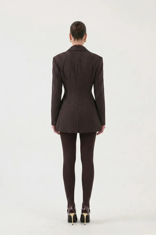 Belden Oturmalı Çizgili Fit Kesim Karen Blazer Ceket Kahve