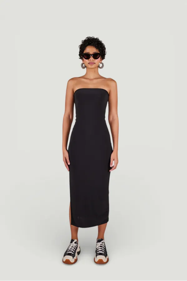 Strapless Midi Bodycorn Dress with Slit, Black