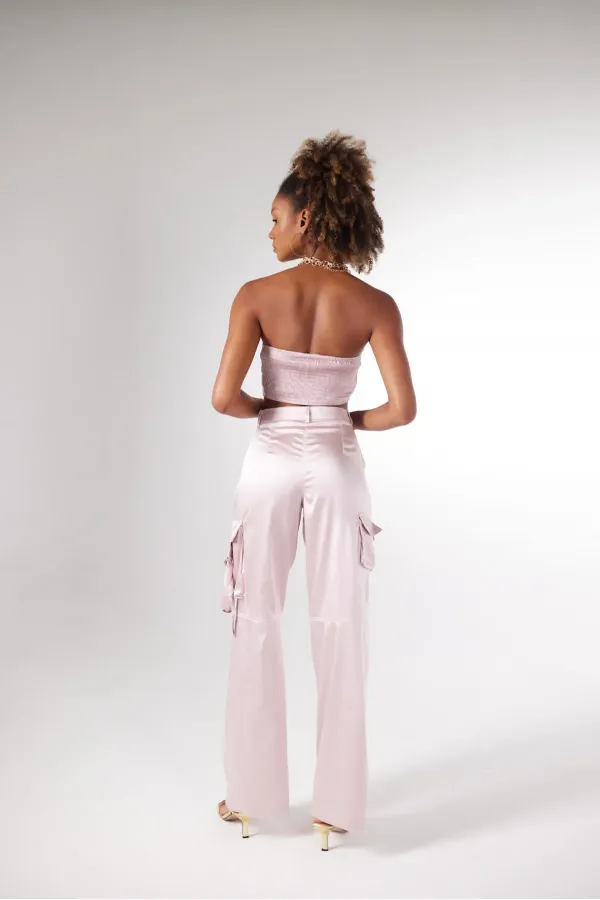 Yüksek Bel Kargo Cep Saten Maddy Pantolon Pudra