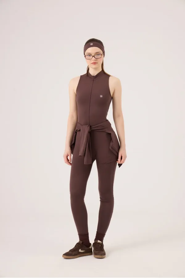 Combinaison de motarde sans manches avec fermeture éclair, marron