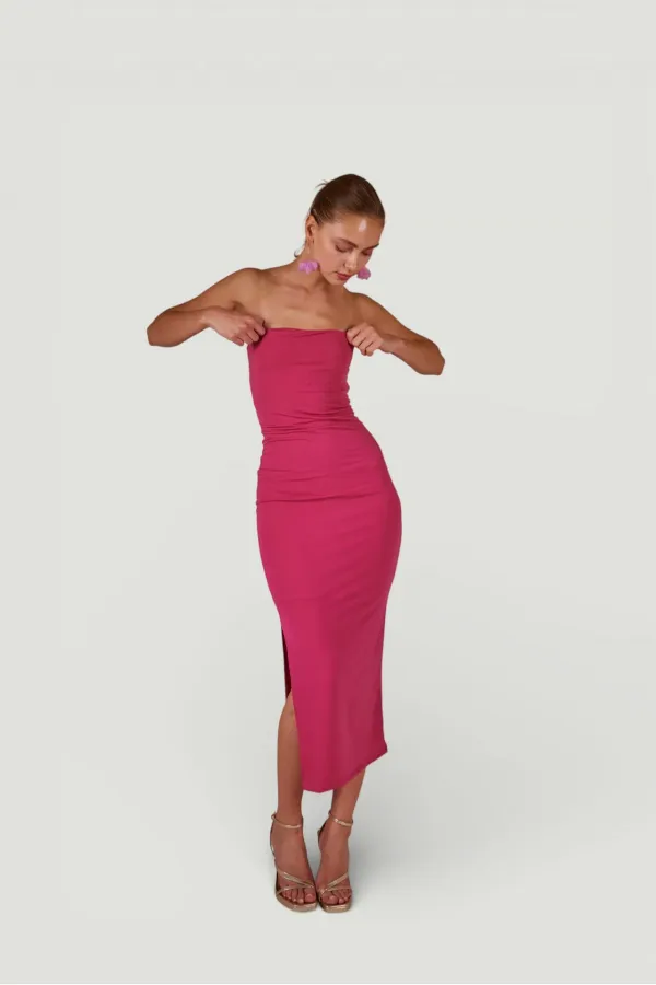 Slit Strapless Midi Bodycon Dress Pink
